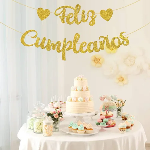 Miniatura 5 de WeBenison Cartel de Feliz Cumpleaños con temática de fiesta de feliz cumpleaños/decoraciones de fiesta de cumpleaños en español, purpurina dorada