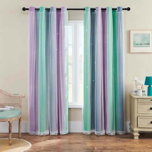 Miniatura 71 de XiDi Cortinas opacas con estrellas para habitaciones de niños, cortinas verdes para ventana de dormitorio de niños, azul y gris, 52 pulgadas de Azul