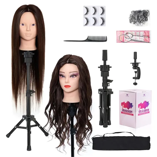 Miniatura 17 de Cabeza de maniquí de 28 pulgadas con 80 % cabello humano real, cabeza de muñeca para peinado, trenzado, rizado, cabeza de maniquí de cosmetología