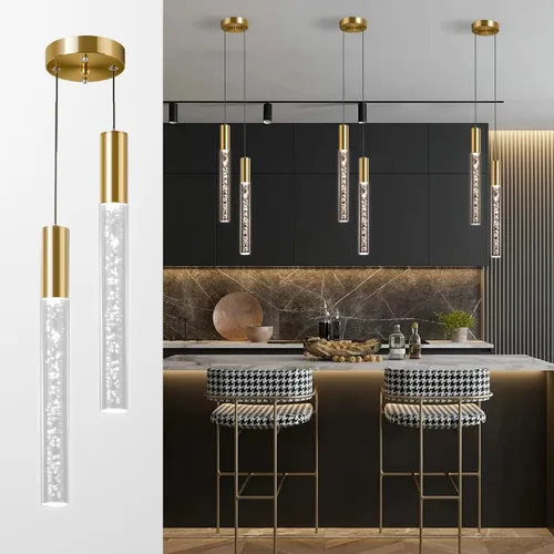 Miniatura 14 de Moderna lámpara colgante dorada, 1 luz LED colgante de 3 colores, cable acrílico, luces colgantes de techo ajustables para cocina, isla, sala