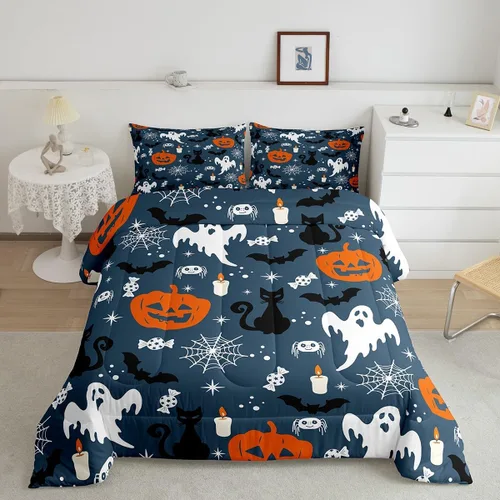 Miniatura 44 de Feelyou Juego de edredón de Halloween, color rosa fantasma, juego de ropa de cama tamaño individual, decoración para niños y niñas, lindo juego
