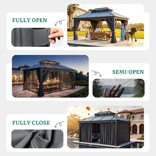 Miniatura 6 de YITAHOME Cenador de policarbonato de 10 x 12 pies para patio al aire libre, doble techo de hierro galvanizado, columna de aluminio, cortinas