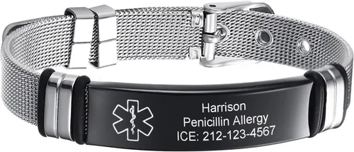 Miniatura 10 de Pulseras personalizadas de alerta médica para hombres, mujeres y niños, grabado gratuito, malla de acero inoxidable ajustable, pulsera