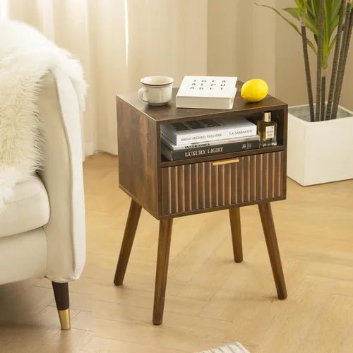 Miniatura 2 de Fultyle Mesita de noche de nogal, mesa de noche de madera con cajones acanalados y estante abierto, mesita de noche de madera para dormitorio