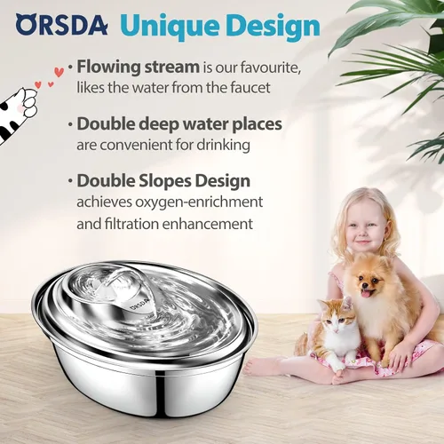 Miniatura 2 de ORSDA - Fuente de agua de acero inoxidable para gatos, fuente para mascotas de 2 litros para gatos en interiores, dispensador de agua para perros