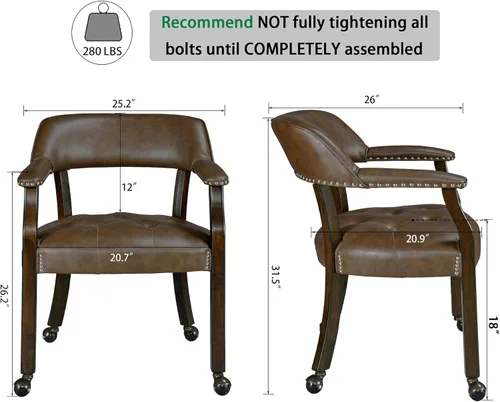 Miniatura 2 de Juego de 8 sillas de cuero de comedor con ruedas y brazos, silla de capitán Accent con ruedas, sillas de madera con ruedas enrollables para cocina
