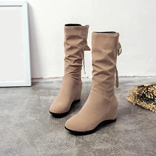Miniatura 3 de Botas de media pantorrilla para mujer con tacón de cuña con cremallera, estilo clásico, de cuero redondo, cómodas botas vaqueras occidentales