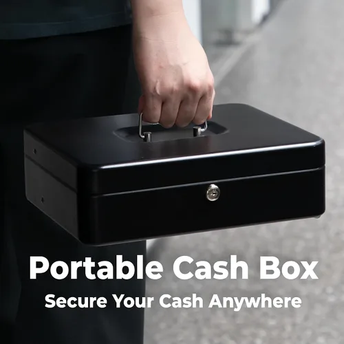 Miniatura 5 de Volcora Caja Grande de Dinero con Cerradura de Llave, Caja de Dinero de Metal para Efectivo, Caja de Seguridad con Cerradura Portátil y Bandeja