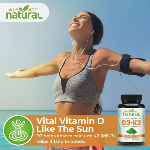 Miniatura 3 de Why Not Natural Vitamina D3 K2 (MK-7) con espirulina orgánica, suplemento extra fuerte de 10000 UI en cápsulas vegetales, apoya la salud ósea