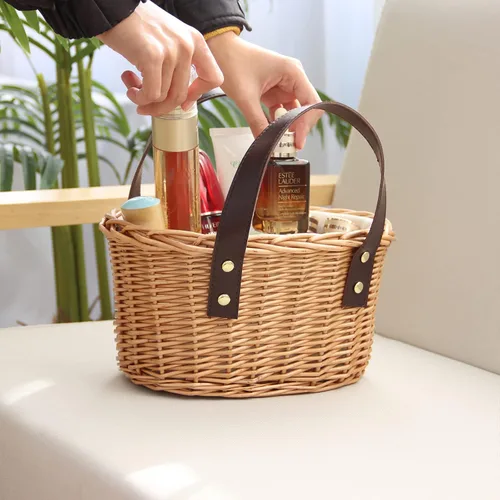 Miniatura 7 de Cesta de mimbre para picnic con dobles asas de cuero, cesta natural de sauce para huevos de Pascua, dulces, vino, juguetes, flores y regalos de boda