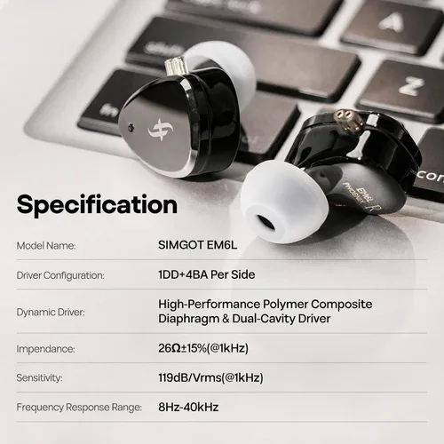 Miniatura 7 de Linsoul SIMGOT EM6L - Audífonos intraurales híbridos de monitor de 1DD + 4BA, auriculares para juegos, audífonos IEM HiFi con carcasa de resina