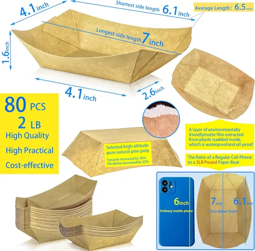Miniatura 2 de Paquete de 80 bandejas de papel desechables de 2 libras para botes de papel, bandeja de servir comida kraft, platos para aperitivos, palomitas