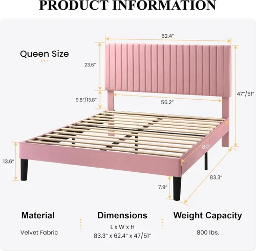 Miniatura 2 de SHA CERLIN - Base de cama tamaño Queen tapizada con cabecera ajustable; diseño acolchado en terciopelo con canales verticales; soporte de listones