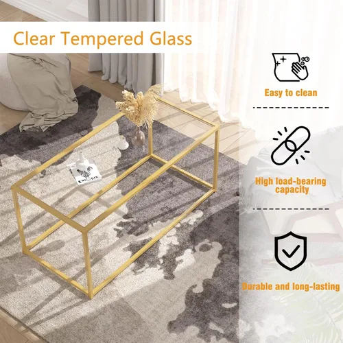 Miniatura 4 de Mesa de café, Mesa de café de cristal templado, Mesa central minimalista para sala de estar, oficina, Mesa de café moderna con tapa de cristal