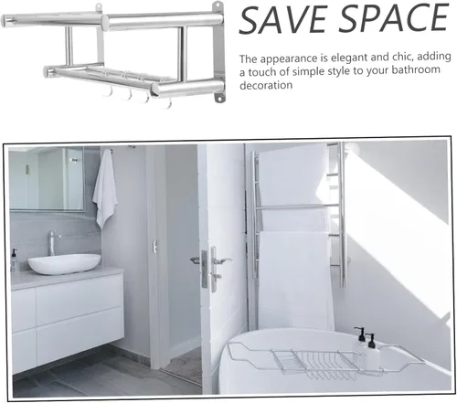 Miniatura 3 de OSALADI Toallero de baño con,Toallero de baño doble con estante, Toallero doble montado en la pared con estante Estante de baño de hotel de acero