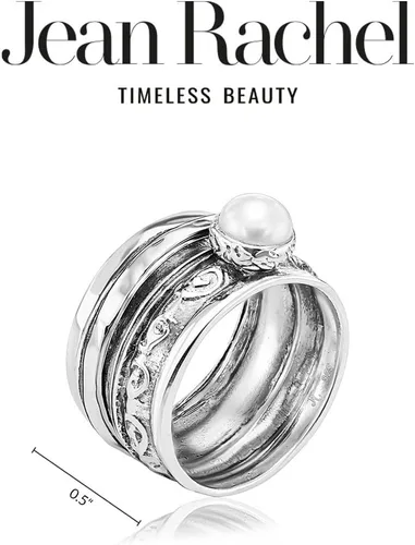 Miniatura 5 de 925 Sterling Silver14K Gold Plated Silver Spinner Ring Unisex, Bold Hammered BeadedFreshwater Pearl Floral Etched and Hammered, Oxidized