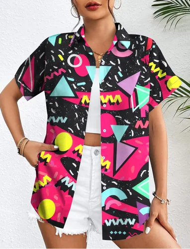 Miniatura 3 de Trajes de los años 80 para mujer, camisa de neón de los años 80 y 90, camisa retro para fiesta temática de discoteca, camisa hawaiana con botones