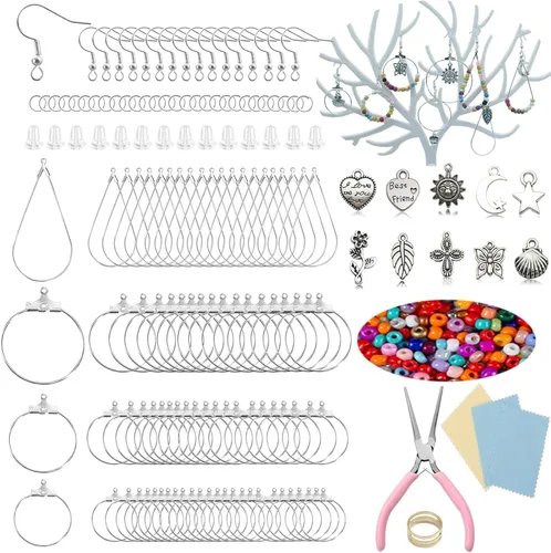 XKCWXY 755 Piezas Aros con Cuentas para Hacer Joyas, con Accesorios para Aretes Aros con Cuentas Redondos en Forma de Lágrima, Ganchos y Respaldos