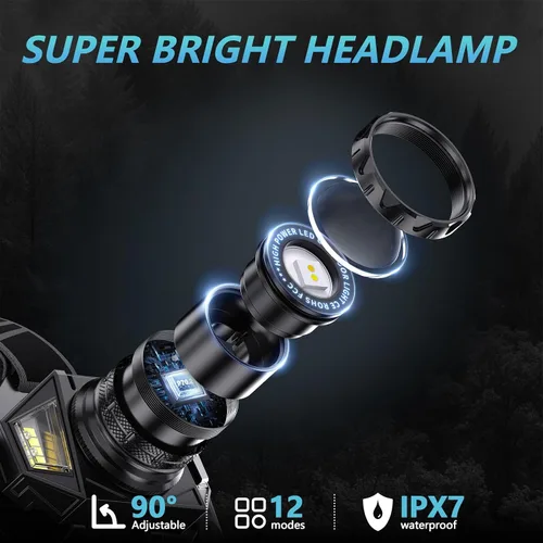 Miniatura 2 de Linterna frontal LED recargable, 4000 lámpara de cabeza súper brillante con 12 modos y batería de larga duración de 90 horas y sensor de movimiento