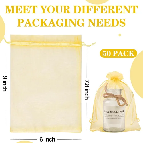 Miniatura 2 de YunKo 50 bolsas de organza de 6 x 9 pulgadas con cordón, bolsa de regalo de malla, bolsa de regalo de organza blanca transparente, bolsas de Dorado