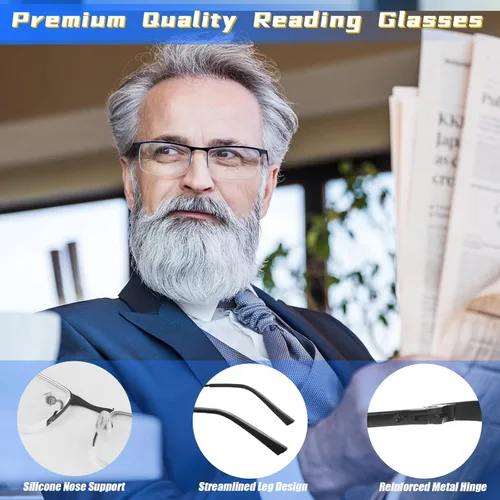 Miniatura 6 de Paquete de 3 lentes de lectura con bloqueo de luz azul para hombres, elegantes lectores de computadora de metal de medio marco, anteojos ligeros