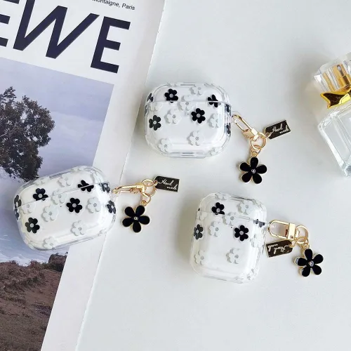 Miniatura 6 de Funda protectora para AirPods Pro de 1ª generación con llavero, bonita funda protectora para auriculares con flores negras y flores, TPU suave