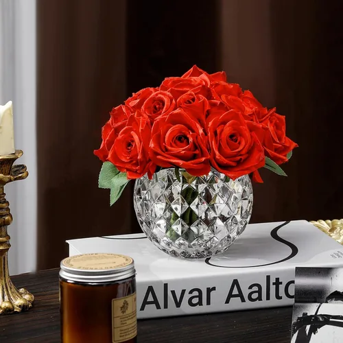 Miniatura 3 de 18 rosas rojas artificiales en jarrón, rosa falsa con jarrón para mesa de comedor, dormitorio, decoración de boda (rojo)