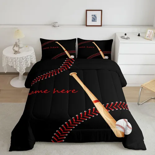 Miniatura 14 de Juego de ropa de cama con relleno de edredón de béisbol, juego de cama de juego de pelota individual para niños, adolescentes, bates, juego