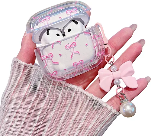 Miniatura 10 de MINSCOSE Funda para AirPods Pro de 2ª/1ª generación, diseño de corazón con lazo de cinta femenina con bonito llavero de perla, funda protectora