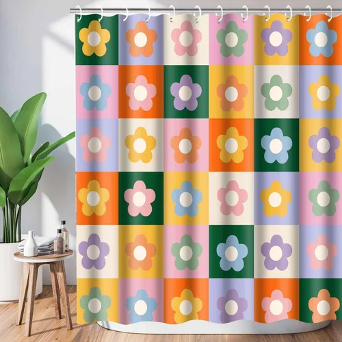 Miniatura 14 de Retro Flower Checkered Shower Curtain Black White Vintage Floral Plaid Fabric Shower Curtians 72x72Inch Washable Groovy Aesthetic Modern Hippie Boho
