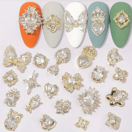 Miniatura 9 de Dijes y gemas para uñas, circonita de cobre dorado, múltiples formas 3D, diamantes de imitación de metal de lujo para uñas, 14 piezas