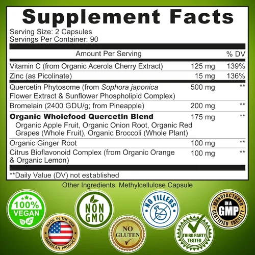 Miniatura 6 de Quercetina con bromelina, vitamina C y zinc enriquecida con alimentos integrales orgánicos - 1215 mg por porción - Cápsulas de quercetina fitosoma