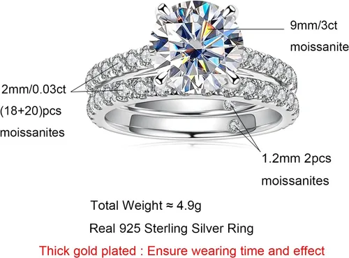 Miniatura 9 de AnuClub Total 4.14ct 3CT Center Moissanite Engagement Rings Wedding Band D Color VVS1 Round Cut 925 Sterling Silver Bridal Sets for Women