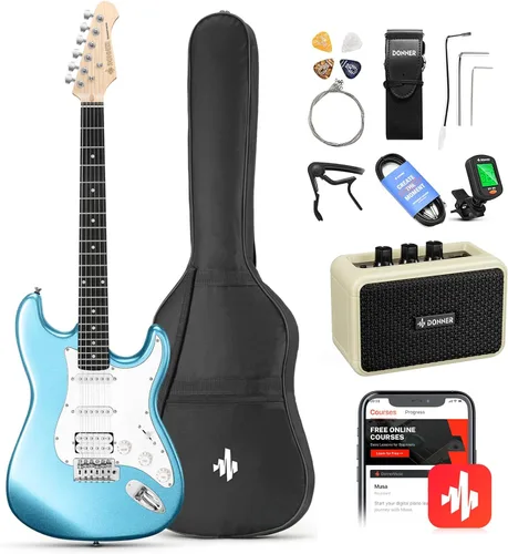 Miniatura 10 de Donner Kit de guitarra eléctrica de 39 pulgadas, cuerpo sólido, Sunburst, para zurdos, principiantes, tamaño completo, con amplificador, lección
