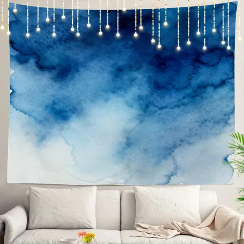 Shrahala Tapiz de pared azul brillante, acuarela azul degradado para colgar en la pared, tapiz grande decorativo de fibra de poliéster, dobladillo