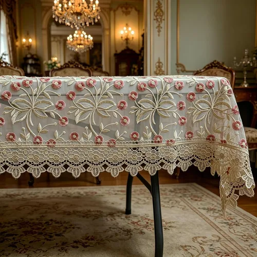 Miniatura 7 de Mantel de encaje rectangular elegante bordado para boda, banquete, fiesta de cumpleaños, mesa de comedor formal, cubierta a prueba de polvo