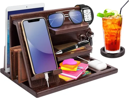 Miniatura 10 de Regalos para hombres Estación de carga 3 en 1 Compatible con estación de carga iPhone 16, organizador de mesa de noche de madera, perfecto