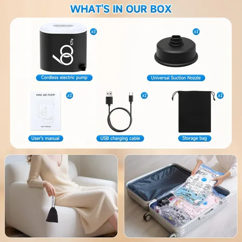 Miniatura 6 de Bomba eléctrica inalámbrica de 60 Kpa para bolsas de almacenamiento al vacío, bomba de aire eléctrica recargable de 3600 mAh para varias bolsas
