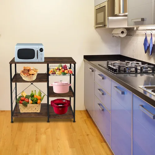 Miniatura 2 de Estante industrial para hornear de cocina con 5 ganchos y cesta de tirar, estante de almacenamiento para microondas, organizador de estación