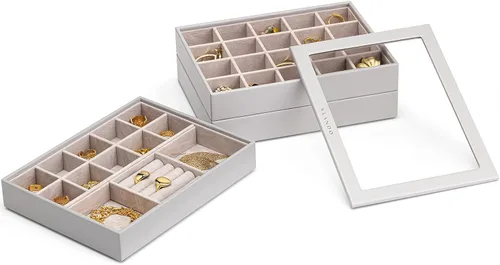 Miniatura 9 de Vlando - Bandeja organizadora de joyas apilable, de gran capacidad, organizador de cajones, bandeja de exhibición, caja para anillos, aretes