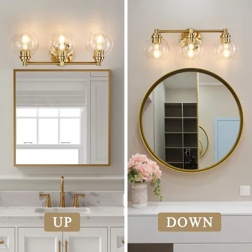 Miniatura 7 de Lámparas de baño de 3 luces, moderna lámpara de tocador con pantalla de cristal de globo, luces de baño doradas cepilladas sobre el espejo, luces