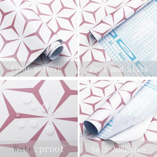 Miniatura 4 de Heroad Papel tapiz de color rosa moderno para despegar y pegar, papel de contacto bohemio geométrico rosa para armarios y cajones, apto