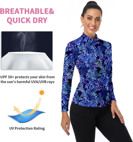 Miniatura 79 de WOWENY Camiseta deportiva de manga larga para mujer, con cremallera de un cuarto, cuello para entrenamiento, camiseta de tenis con estampado