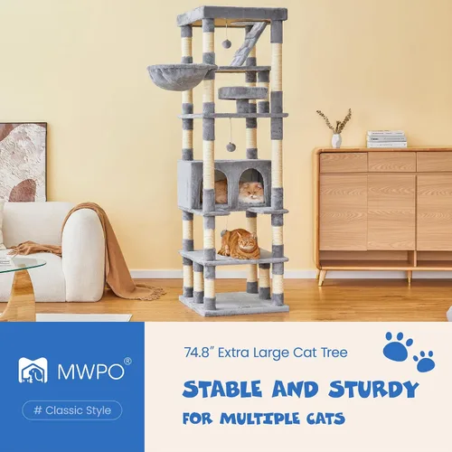 Miniatura 2 de MWPO Árbol grande para gatos de 74.8 pulgadas con postes rascadores cubiertos de sisal y condominio, torre alta para gatos, muebles de patio