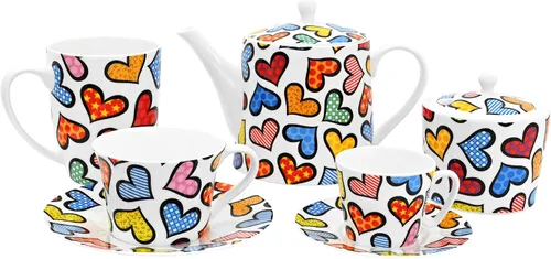 Miniatura 3 de Romero BRITTO - Olla de café y té de porcelana de hueso, 28.7 onzas, corazones, diseño de ilustraciones felices