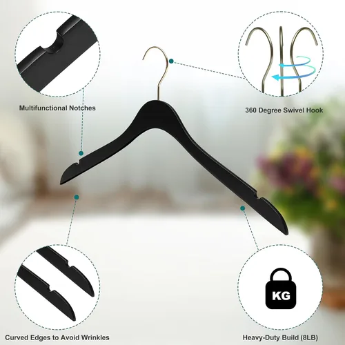 Miniatura 2 de 100 perchas de madera negras ultra finas de 16.5 pulgadas que ahorran espacio, gancho giratorio de 360 grados, lo mejor para trajes, perchas