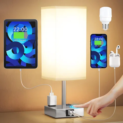Lámpara de mesa de noche táctil, con pantalla, puertos de carga USB C+A y salidas de CA duales, para dormitorio, sala de estar, oficina (incluye