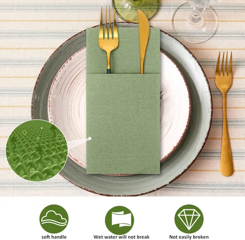 Miniatura 6 de Cindeer 150 piezas de servilletas de cena verde salvia con sensación de lino, bolsillo plano incorporado, servilletas de mano desechables de papel