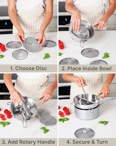 Miniatura 6 de Molinillo de Alimentos de Acero Inoxidable con 4 Discos Mejorado – Diseño Rotatorio Ergonómico para Salsa de Tomate, Puré de Manzana, Comida