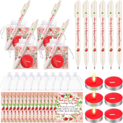 Qilery 200 piezas de dulces fresas para baby shower para invitados, incluye velas de luz de té, bolsas de regalo retráctiles, etiquetas de